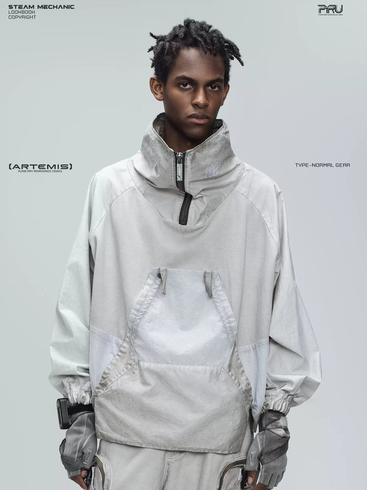 PIONEER eris white detachable-pocket utility hoodie in eris white — front three-quarter modeled view with raised collar and detachable chest pocket