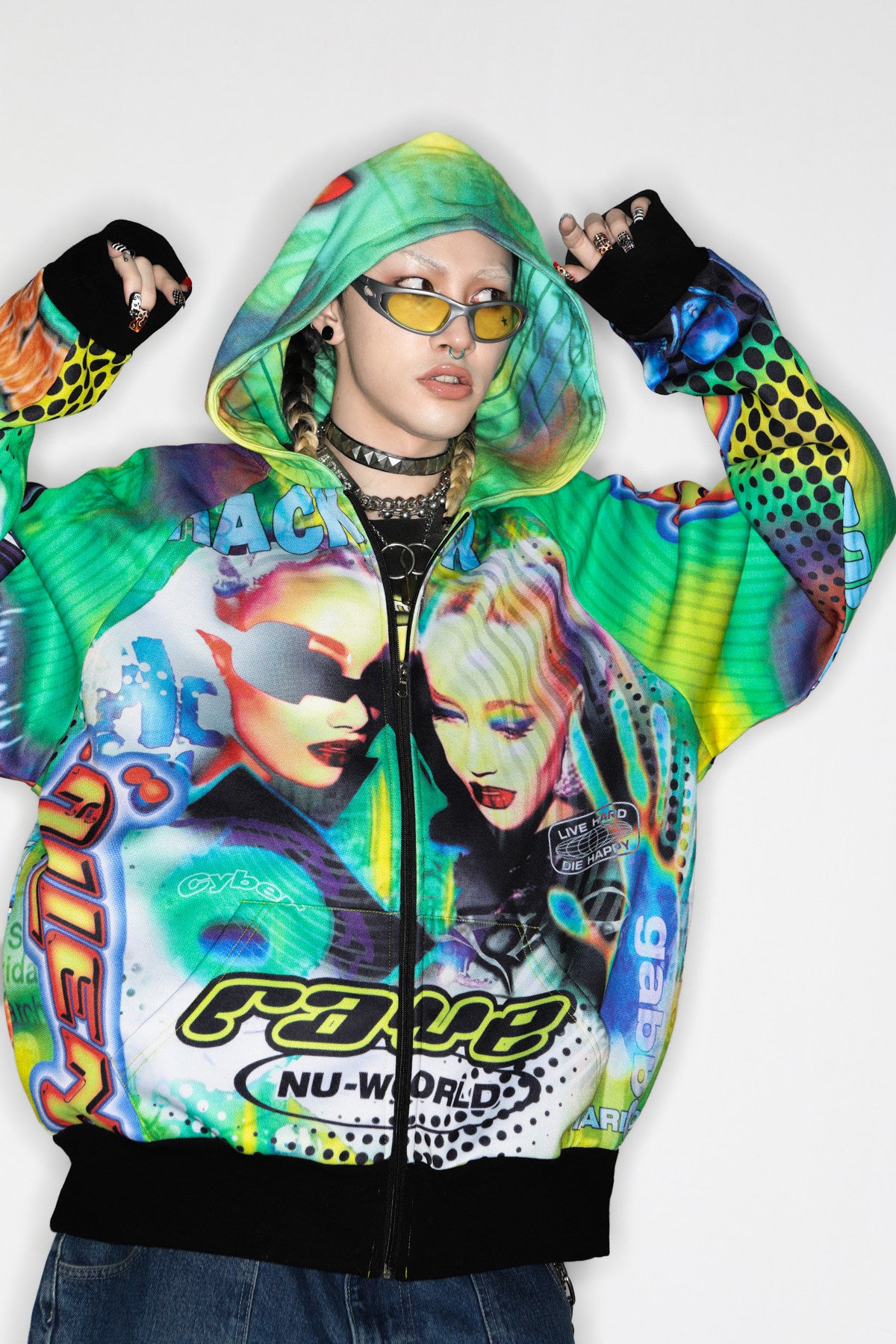 DEADENDKIDS ALIEN INVASION graphic fleece zip hoodie — construction detail