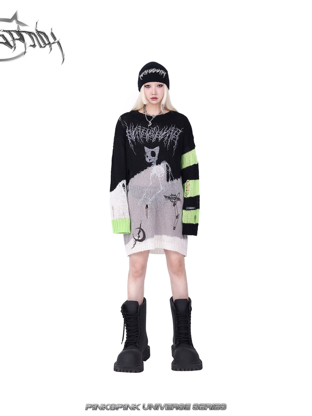 PINKSPINK GALAXY LIGHTNING logo knit beanie — alternate angle showing the shape and finish