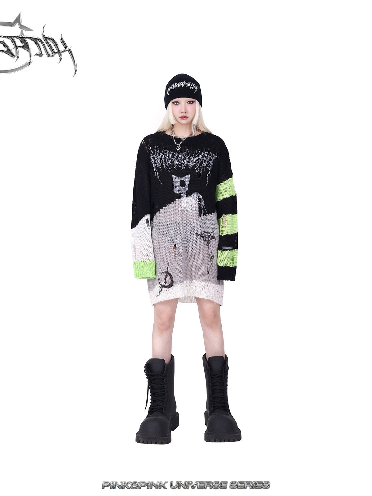 PINKSPINK GALAXY LIGHTNING logo knit beanie — alternate angle showing the shape and finish