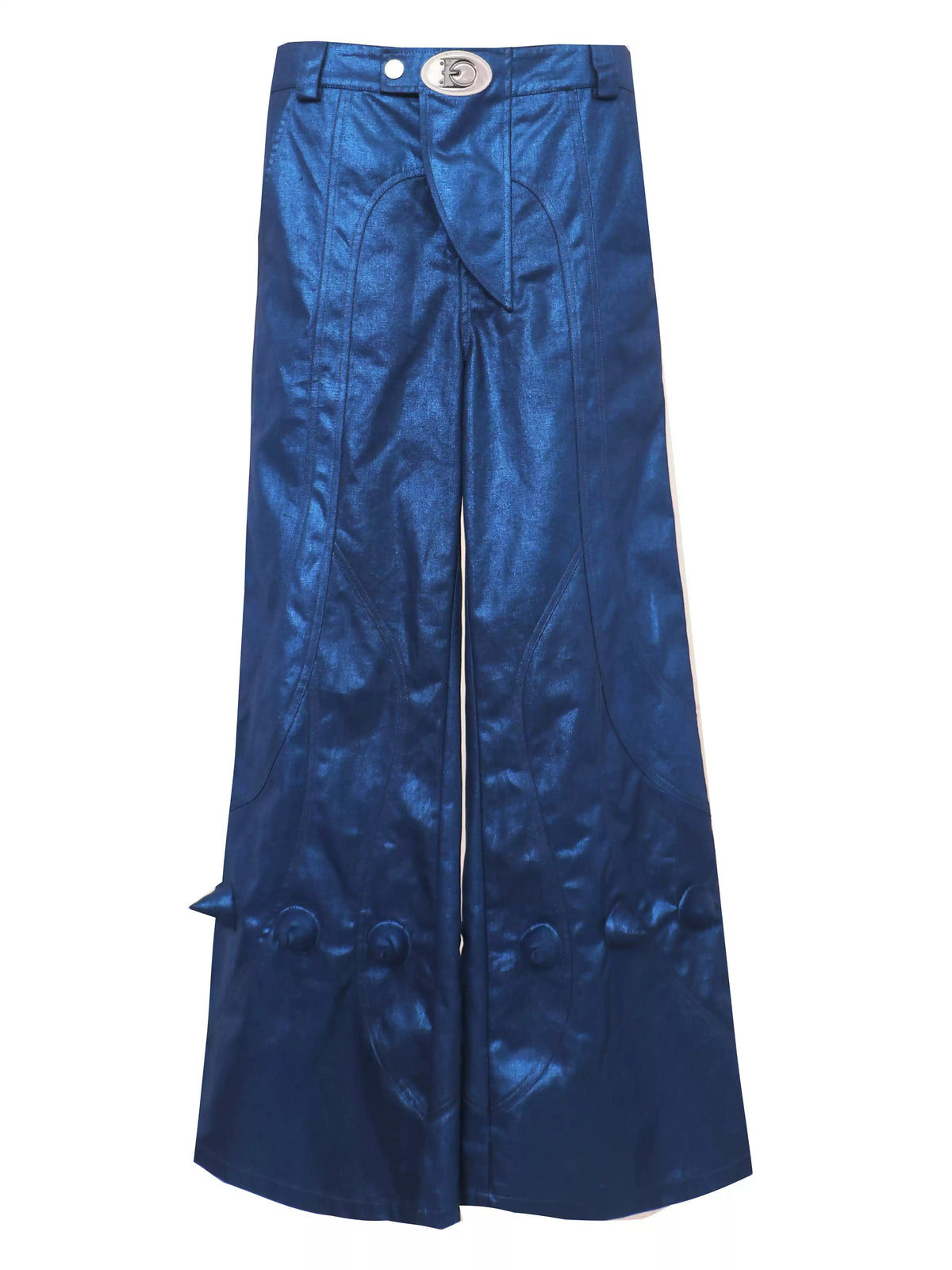 EMBRYO BLUE SPIKE metallic flare pants — construction detail