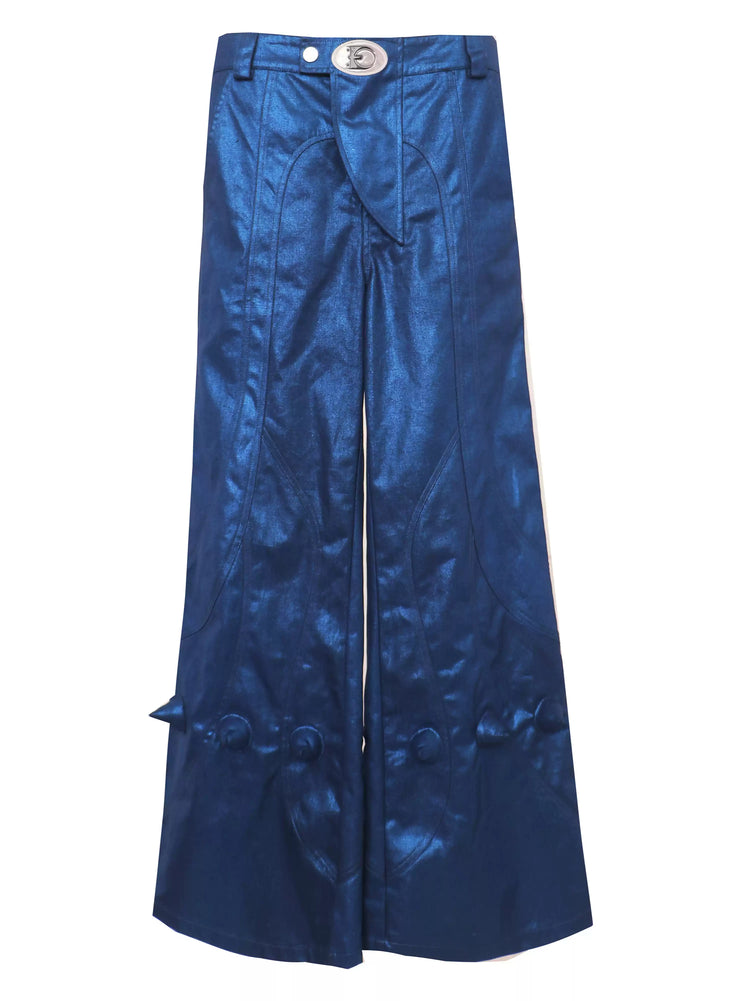 EMBRYO BLUE SPIKE metallic flare pants — construction detail