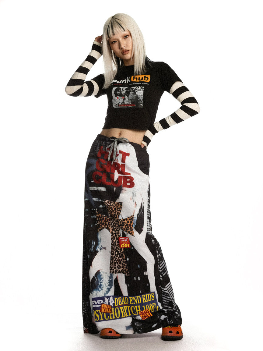 DEADENDKIDS HOT GIRL CLUB graphic maxi skirt — full-length modeled view