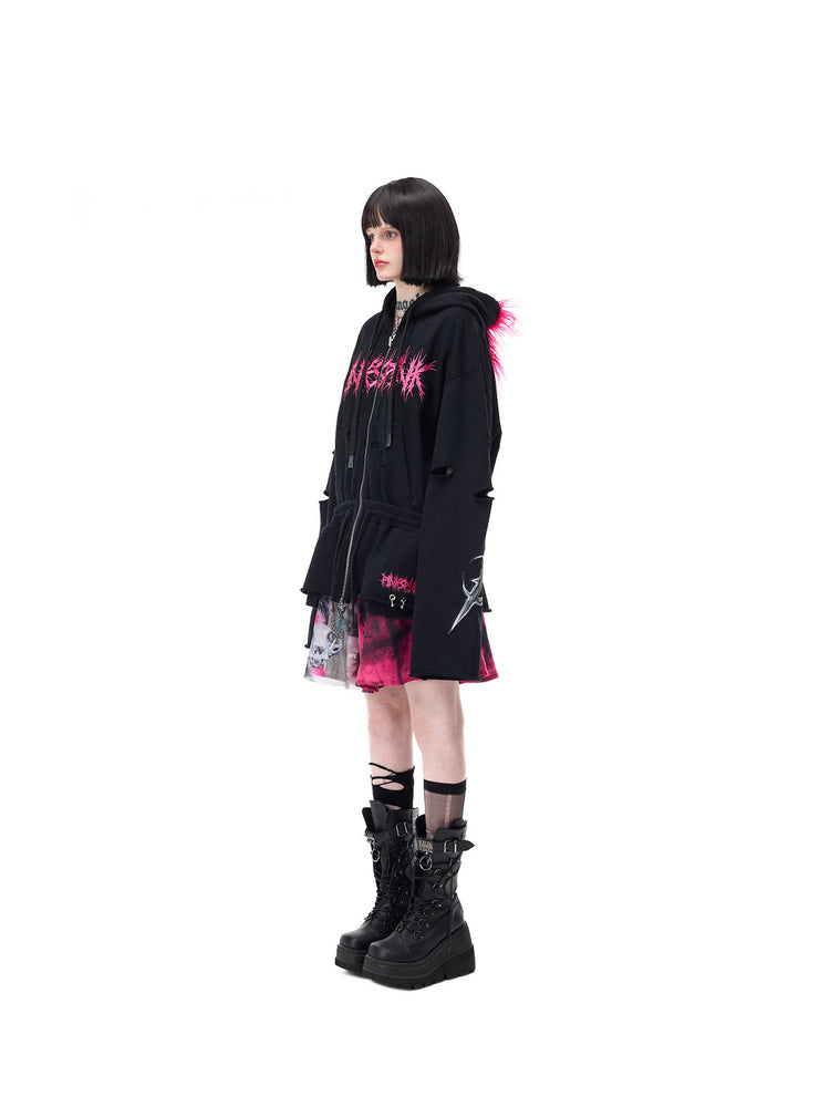 PINKSPINK MOHAWK RITUAL studded zip-up hoodie — side full-length styling with printed skirt