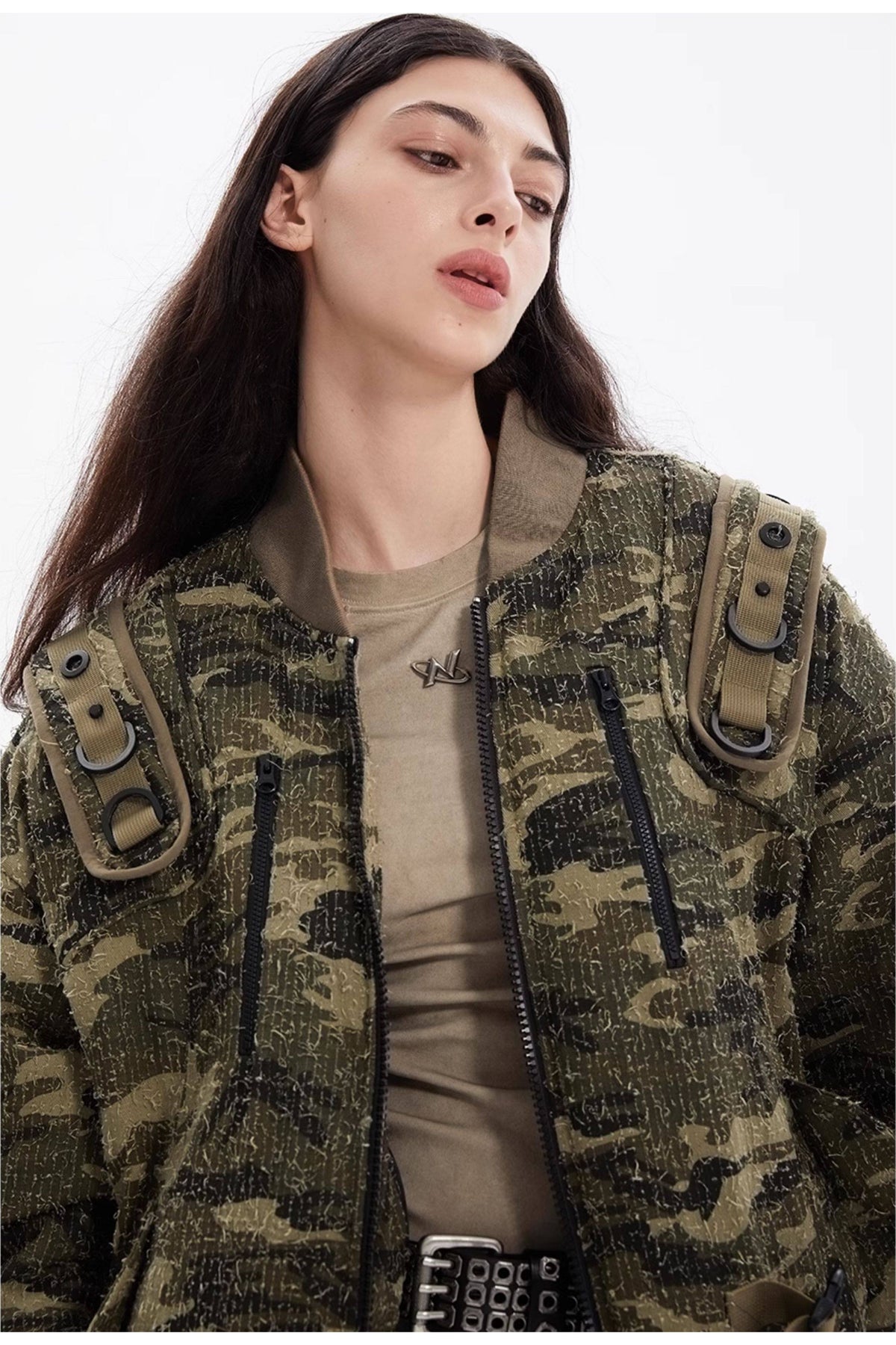 ERRORCODE ROBOT distressed-camouflage strap bomber jacket, front close-up showing the distressed cotton texture