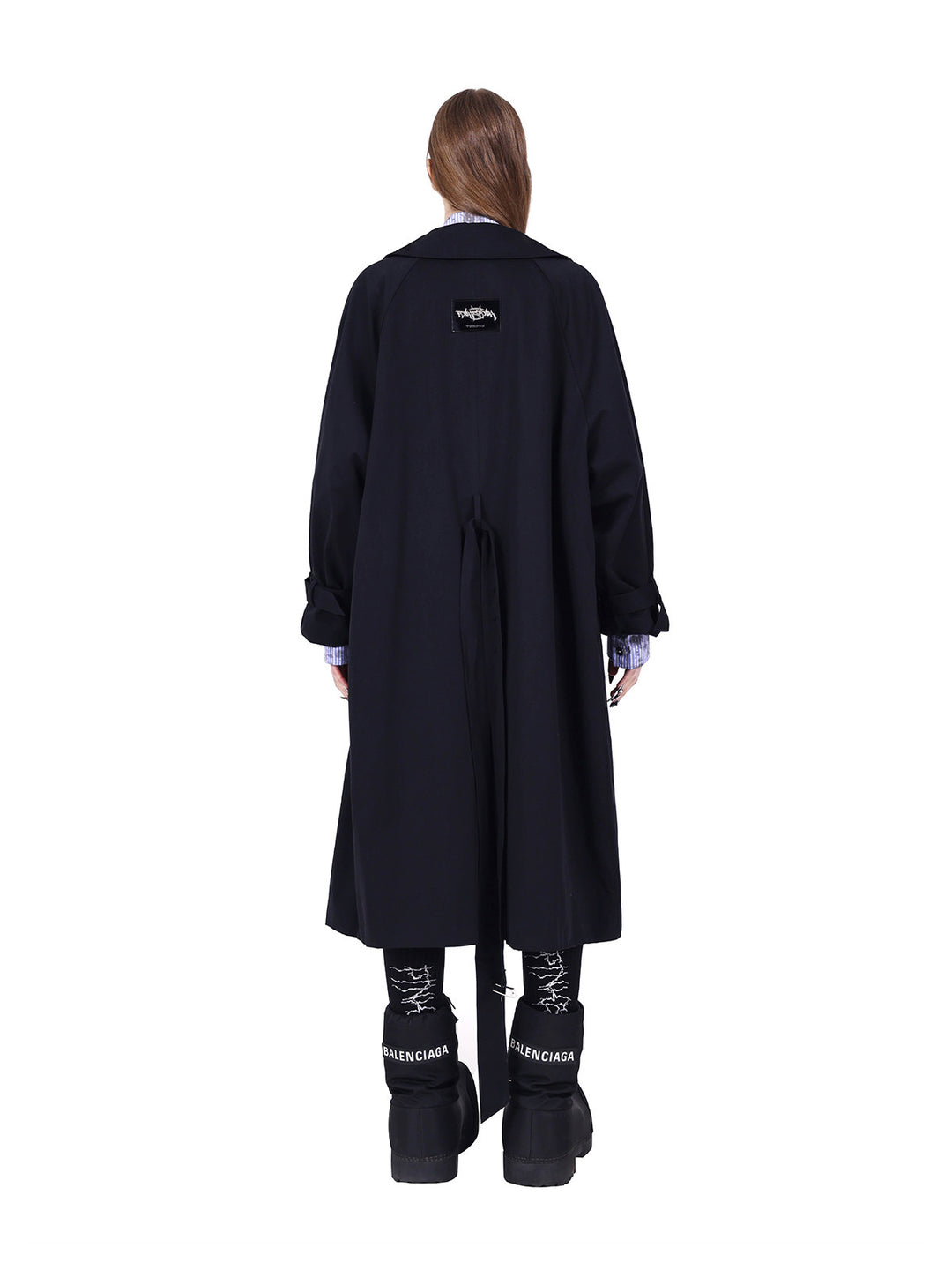 PINKSPINK ELECTRIC MOON reversible patchwork trench coat in black — full-length rear view showing the back vent and brand patch