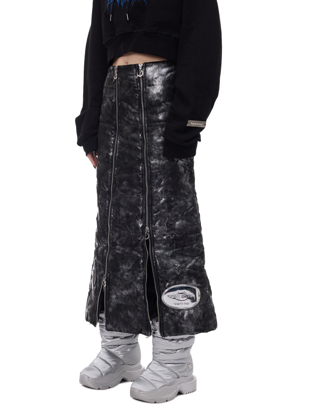 PINKSPINK ELECTRIC MOON metallic double-zip maxi skirt — three-quarter skirt view with double zip openings