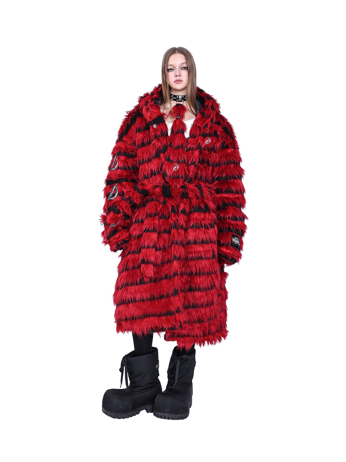 PINKSPINK ELECTRIC MOON black-red faux-fur hooded long coat — red and black full-length front modeled view with the coat closed