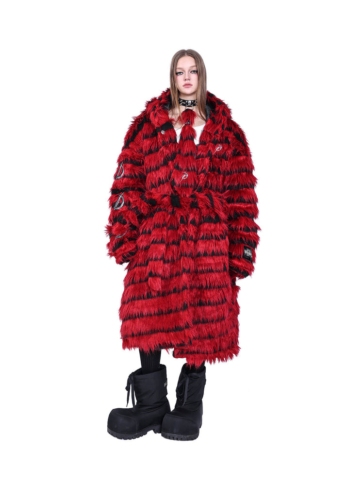 PINKSPINK ELECTRIC MOON black-red faux-fur hooded long coat — red and black full-length front modeled view with the coat closed