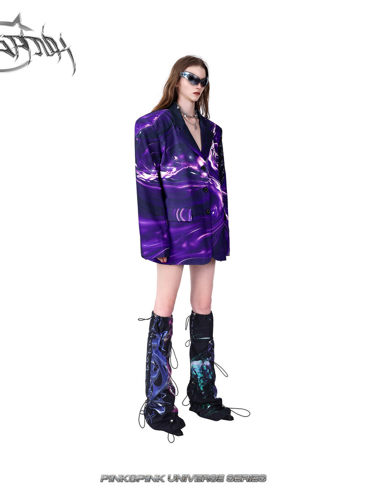 PINKSPINK COSMOS drawcord patchwork leg warmers in black purple multicolor — alternate side modeled view styled with a purple blazer