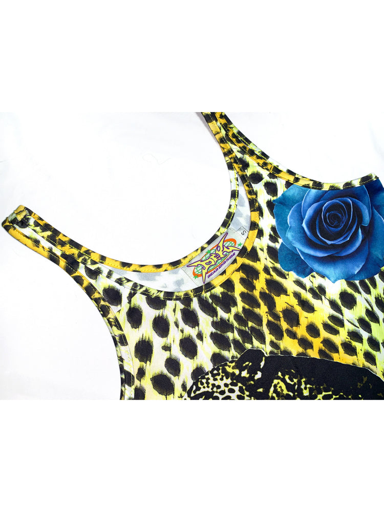 DEADENDKIDS LEOPARD ROSE fitted tank maxi dress — rear modeled view