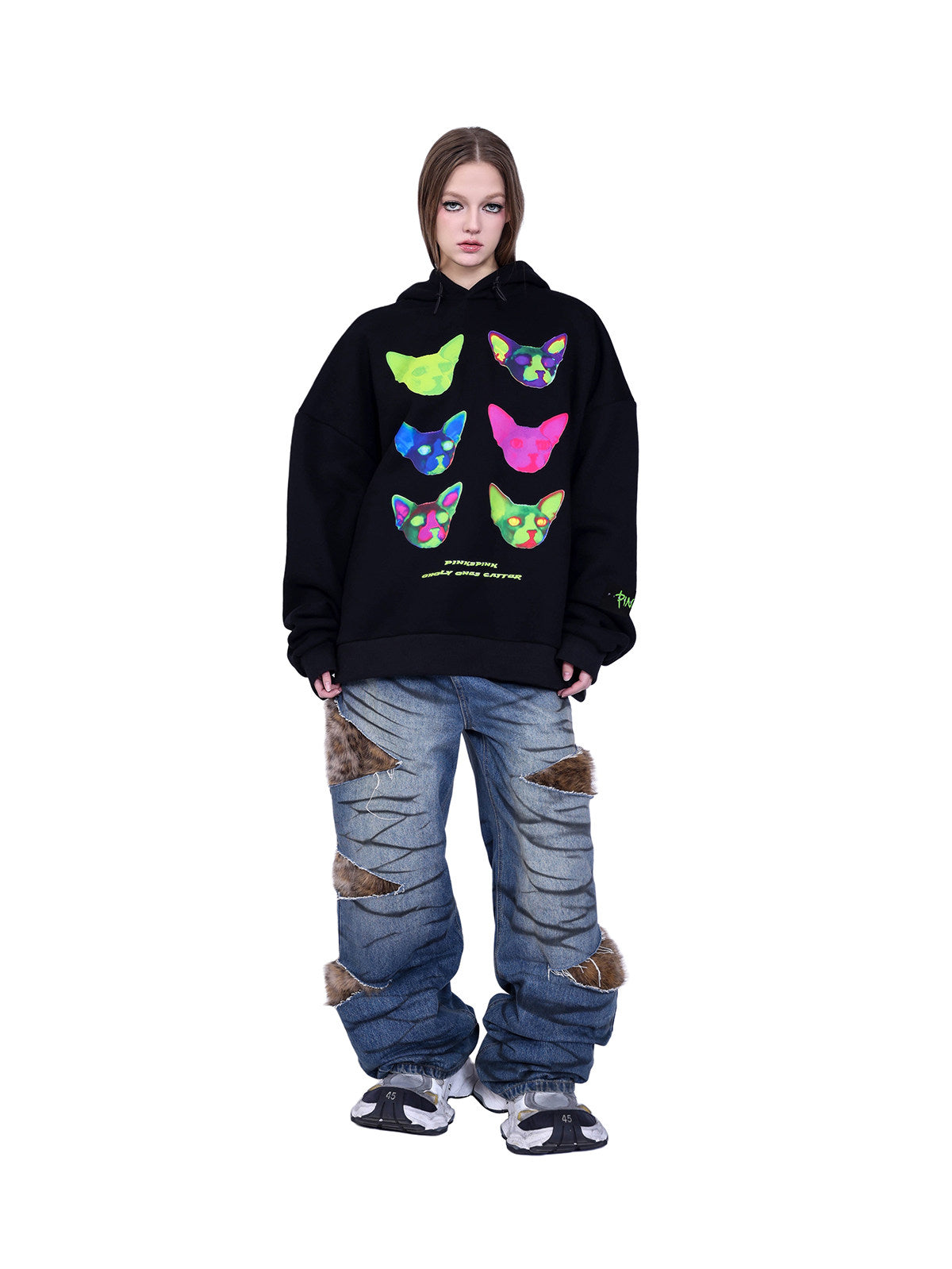 PINKSPINK SPHYNX electronic-print cat-ear hoodie — modeled detail view of the garment construction