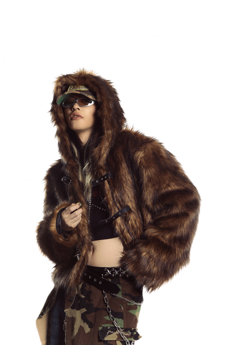 DEADENDKIDS NOMAD HOOD faux-fur coat — material and print detail