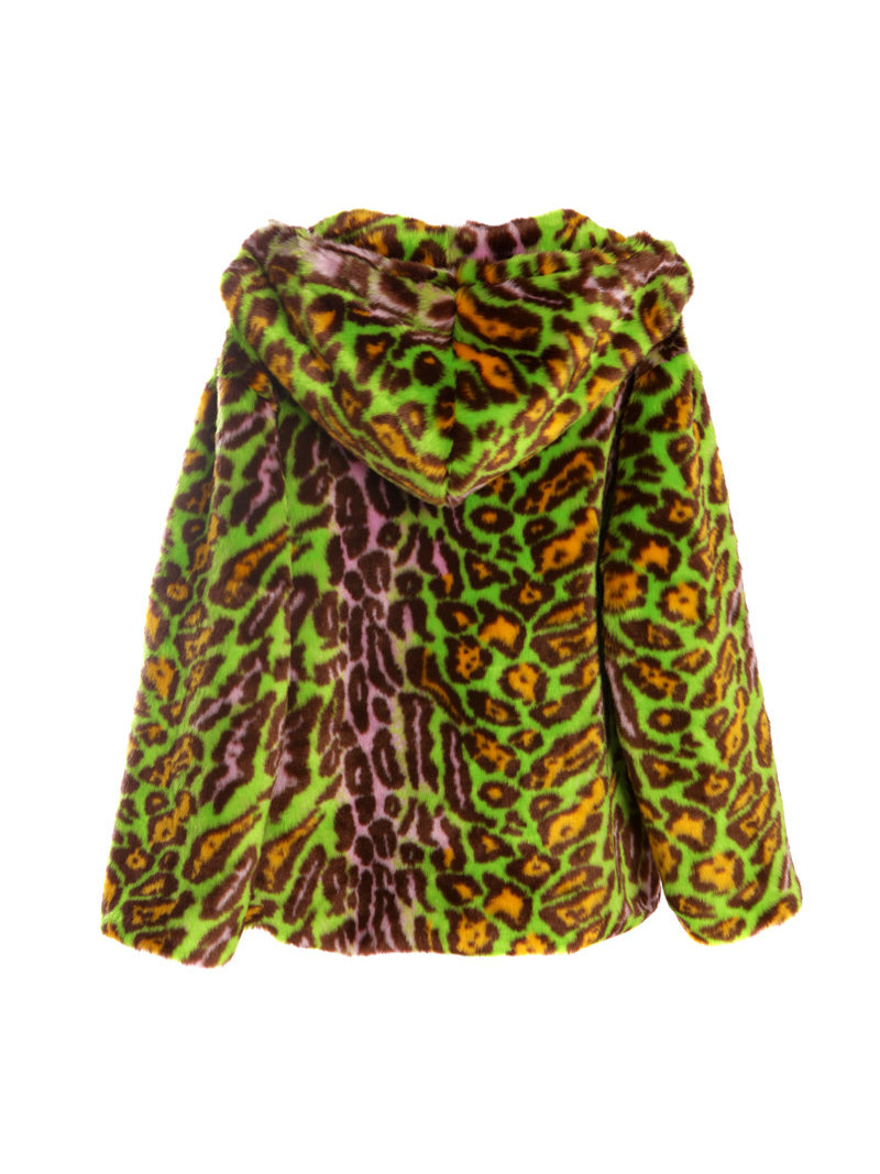 DeadEndKids leopard-print faux-fur hooded jacket in yellow green — back garment-only view showing the hood