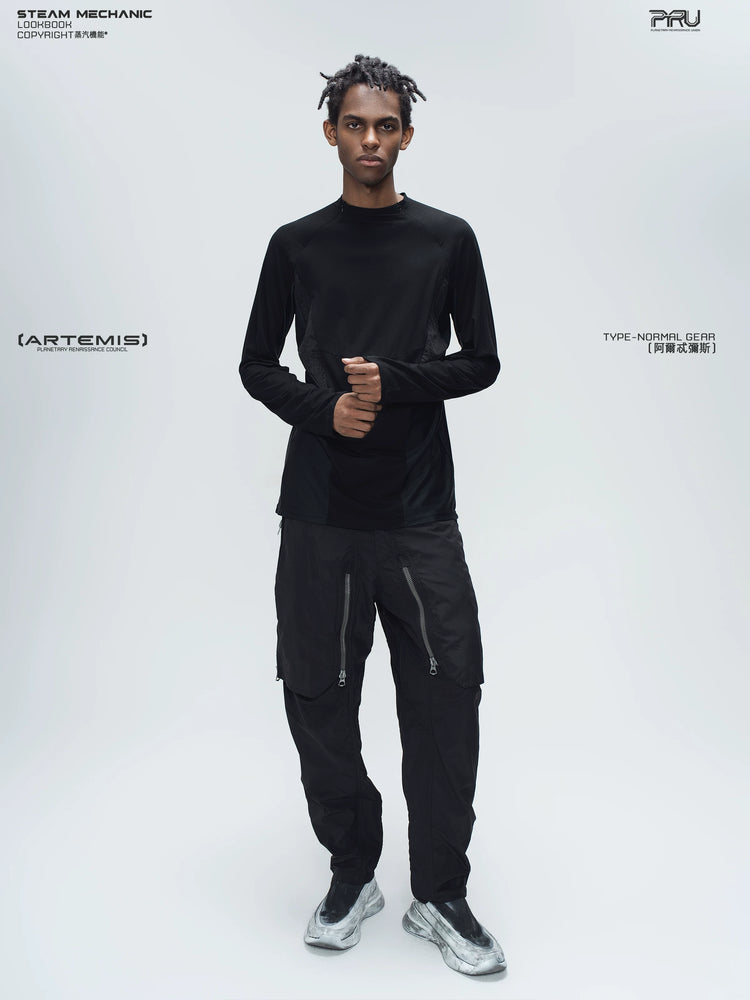 ARTEMIS stardust black stretch technical base-layer top — full-length styled view