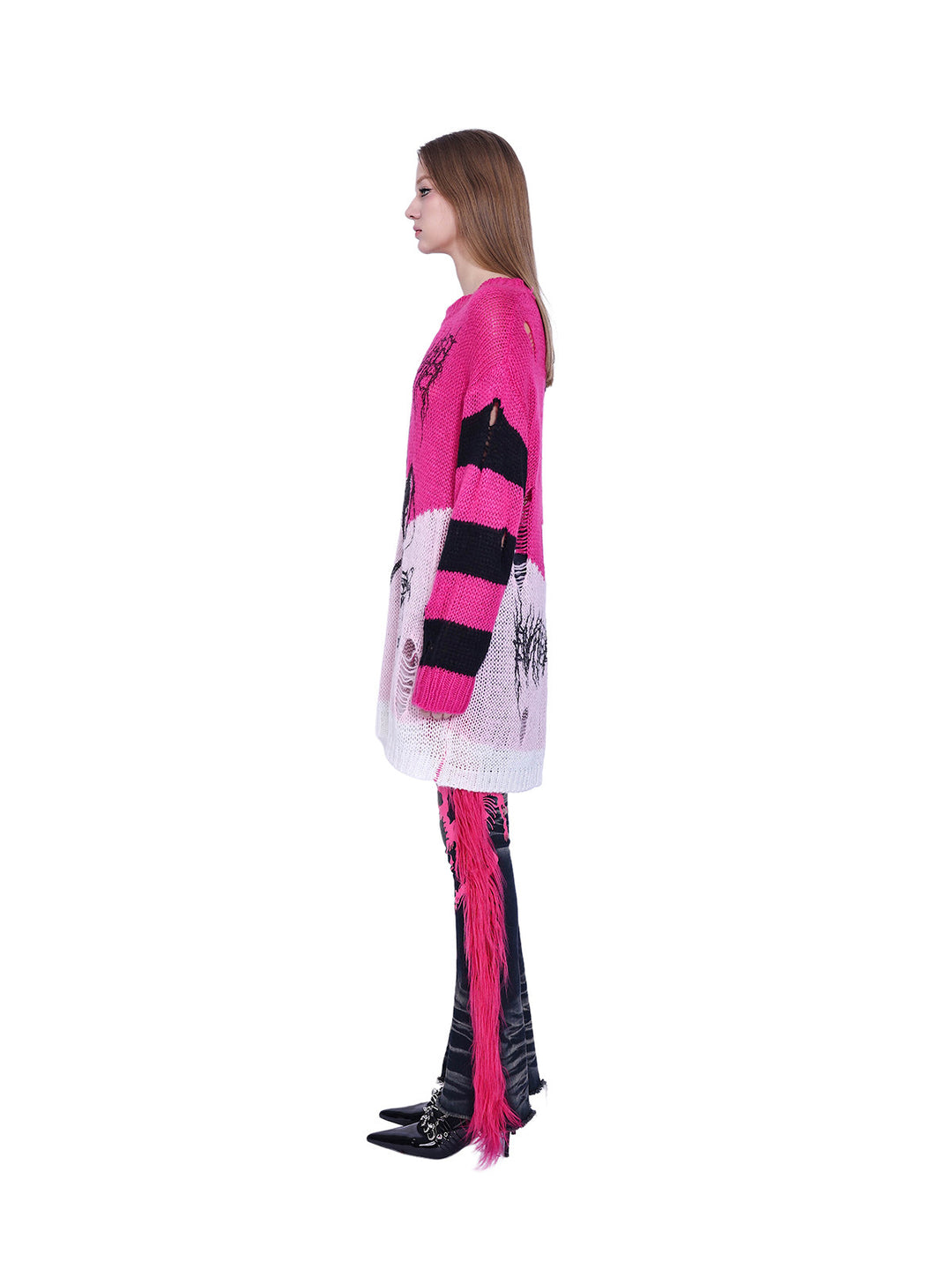 PINKSPINK SPHYNX distressed striped graphic sweater — pink graphic sweater — side view showing striped sleeve