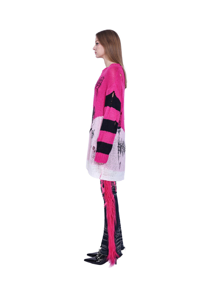 PINKSPINK SPHYNX distressed striped graphic sweater — pink graphic sweater — side view showing striped sleeve