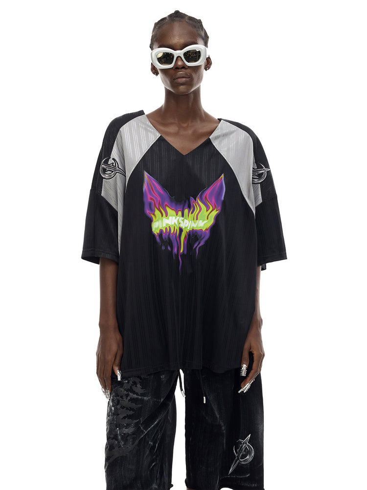 PINKSPINK FLAMECAT oversized sports jersey in black and gray — frontal graphic detail counterpart to the fourth gallery image