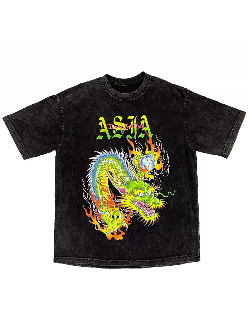 DEADENDKIDS ASIA DRAGON washed graphic tee — close modeled view