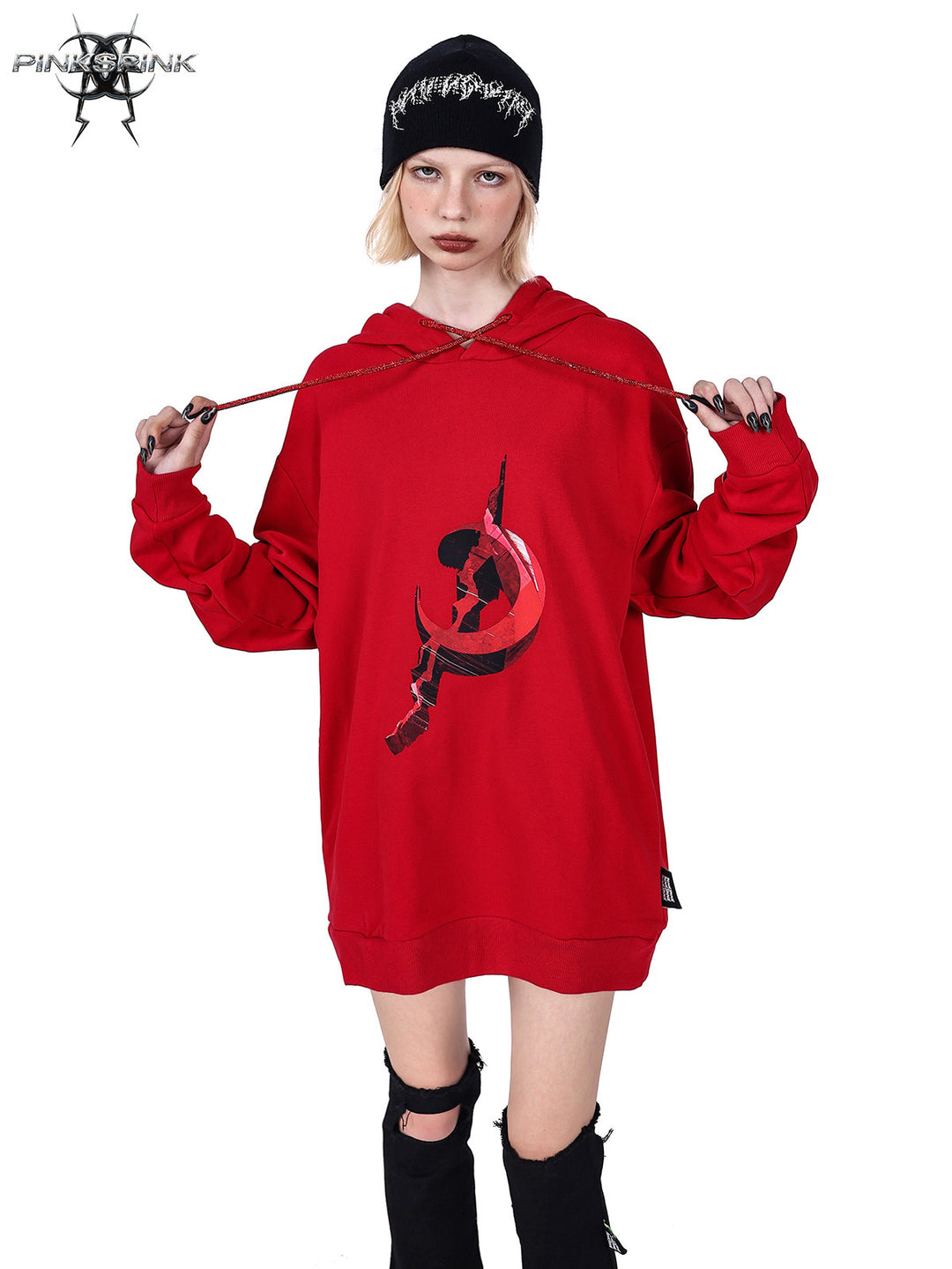 PINKSPINK MIRROR rhinestone-drawcord oversized hoodie — drawcord and chest detail in red