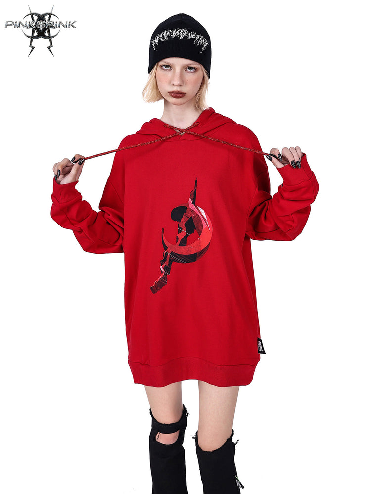 PINKSPINK MIRROR rhinestone-drawcord oversized hoodie — drawcord and chest detail in red