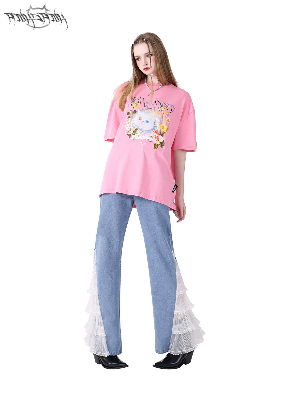PINKSPINK GARFIELD oversized graphic tee — pink full-length front modeled view with jeans
