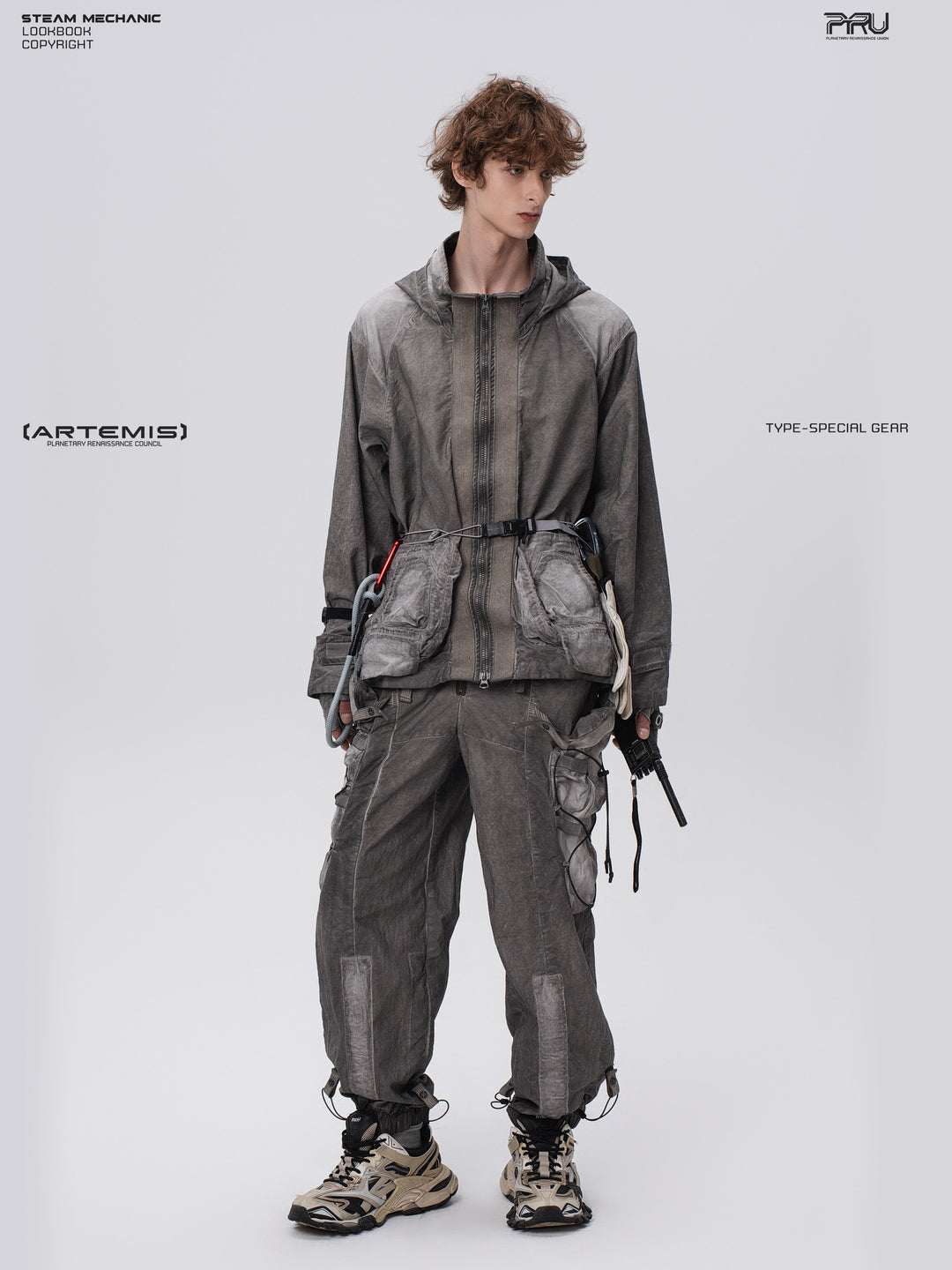 STARCORE meteor gray distressed work jacket — full-length front view with feet apart