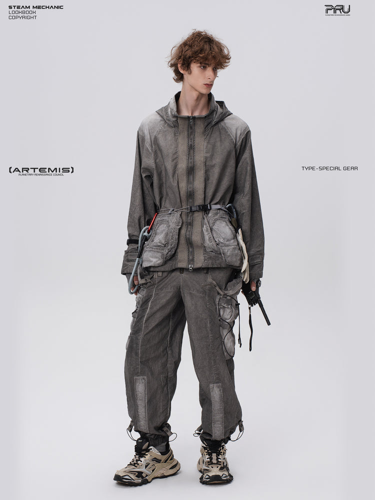 STARCORE meteor gray distressed work jacket — full-length front view with feet apart