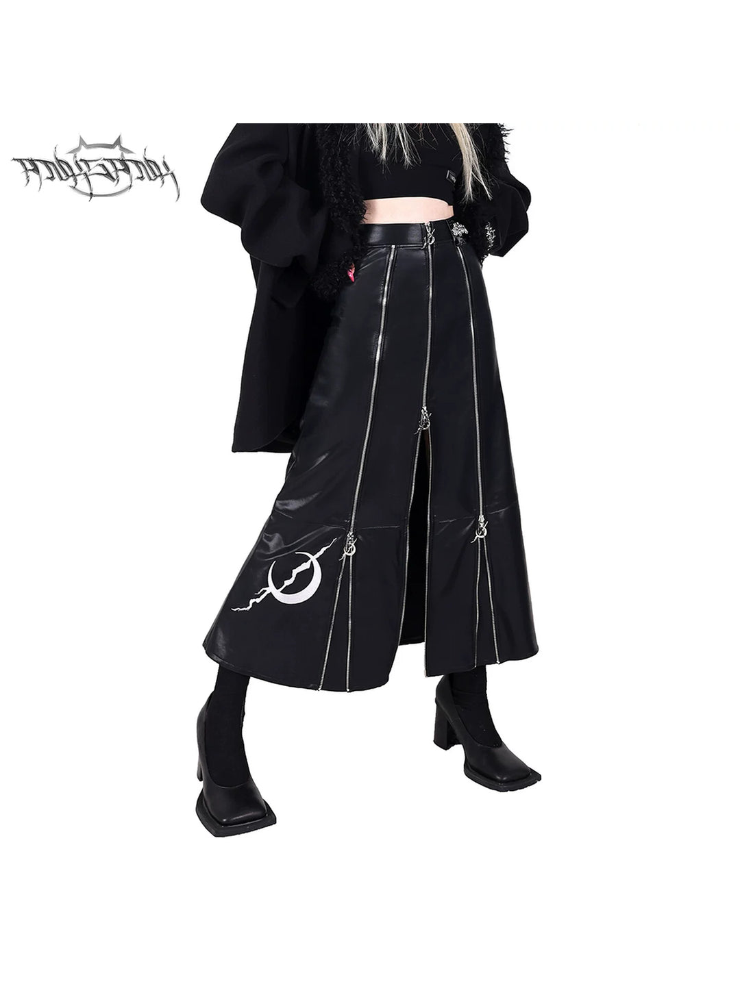 PINKSPINK ELECTRIC MOON zip-panel faux-leather maxi skirt — front waist-to-hem modeled close-up showing crescent zipper pulls and moon embroidery