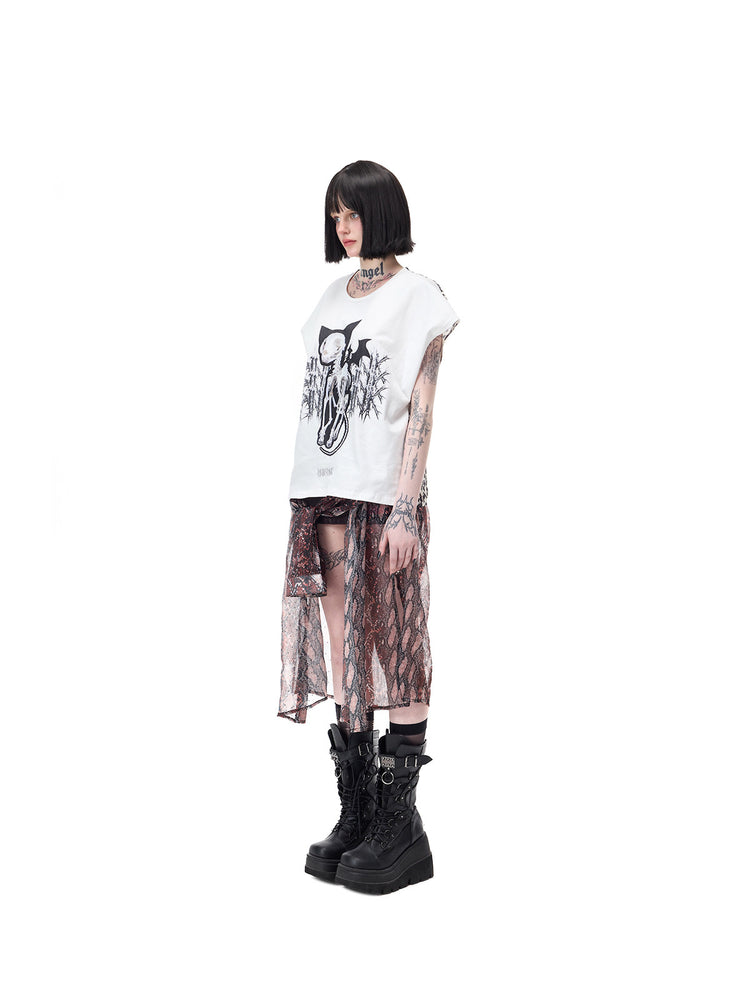 PINKSPINK DEVILCAT leopard-back graphic tee in white — full-length three-quarter side view styled with a separate sheer skirt