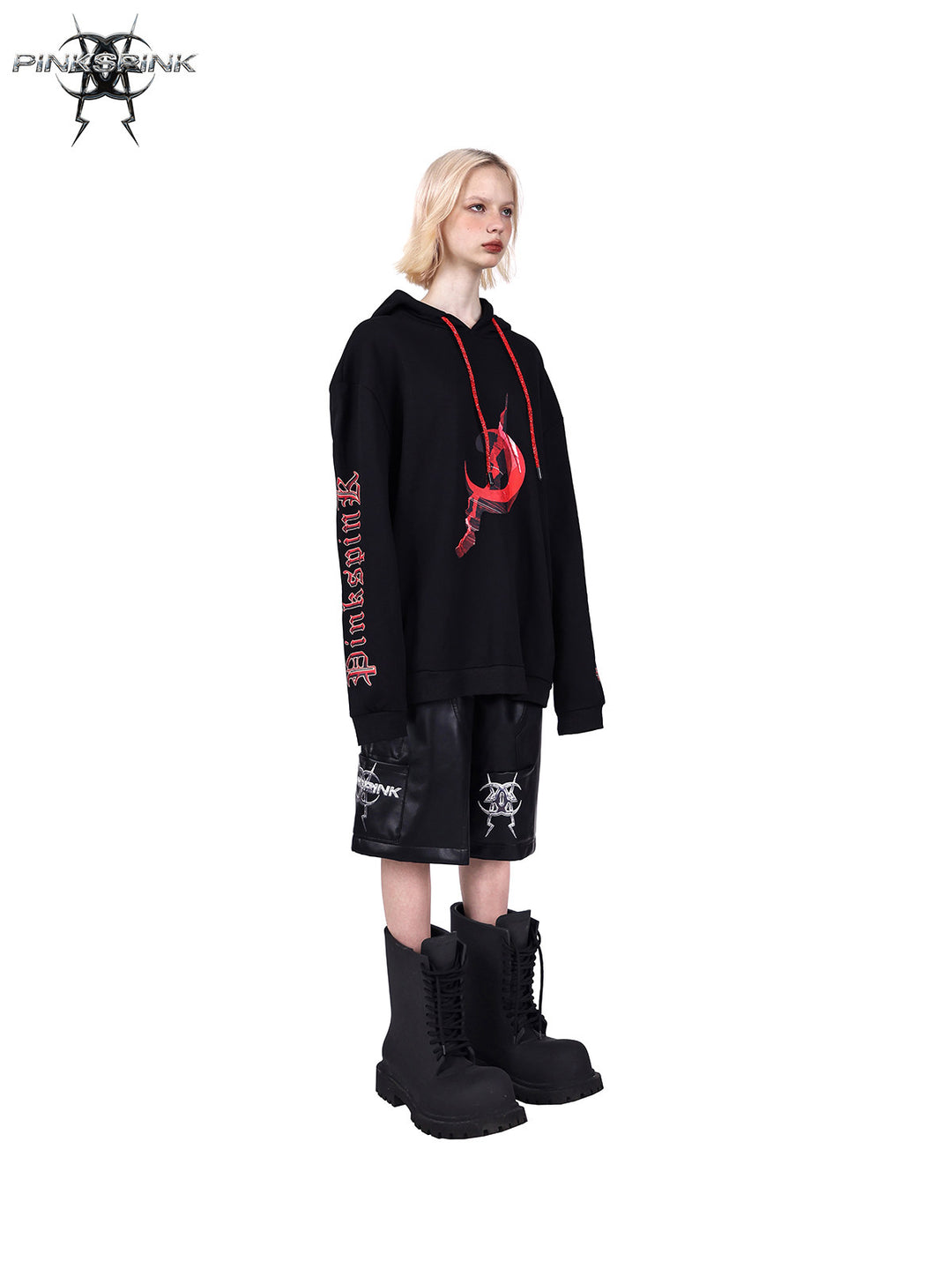 PINKSPINK MIRROR rhinestone-drawcord oversized hoodie — opposite-side full-length modeled view in black