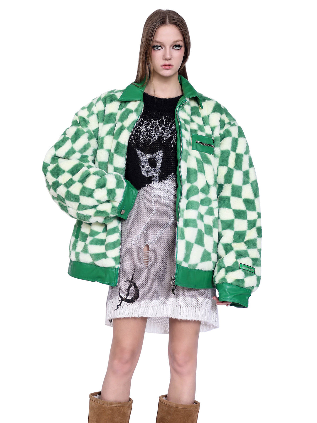 PINKSPINK WARPED checkerboard padded faux-fur jacket — green checkerboard jacket — three-quarter front view with open zipper