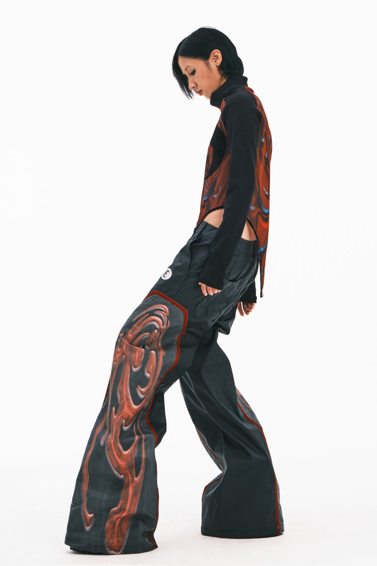 EMBRYO RED TOTEM coated wide-leg pants — construction detail