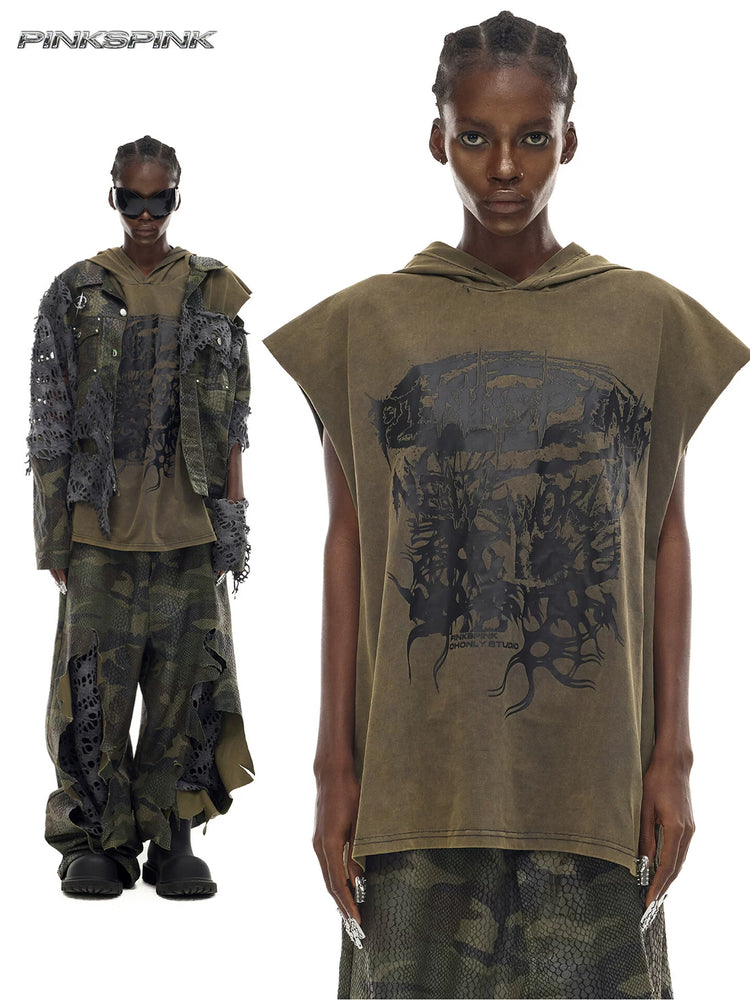 PINKSPINK COSMOS washed sleeveless hooded tee in olive green — collage of close-up and full-length modeled views