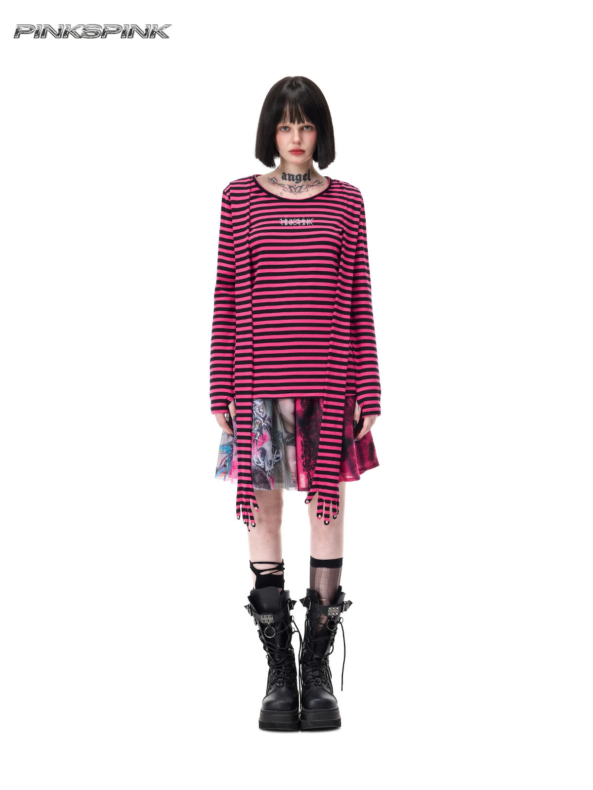 PINKSPINK GHOSTHAND striped glove-sleeve tee in pink and black — centered full-length front modeled view with extended panels over a separate printed skirt
