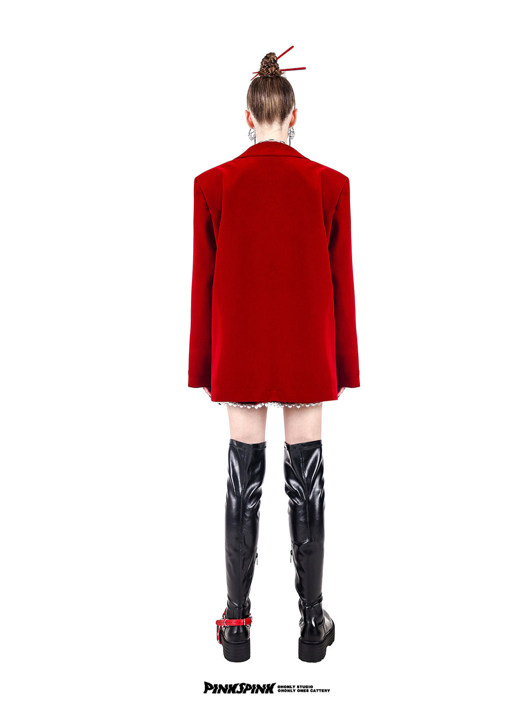 PINKSPINK DEAN pearl-chain velvet blazer — burgundy full-length back view showing the straight silhouette