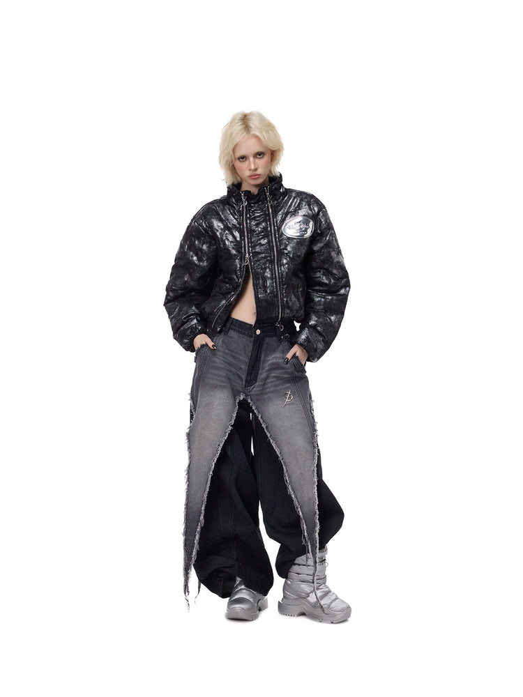 PINKSPINK ELECTRIC MOON metallic cropped puffer jacket — front full-length view with open lower zipper