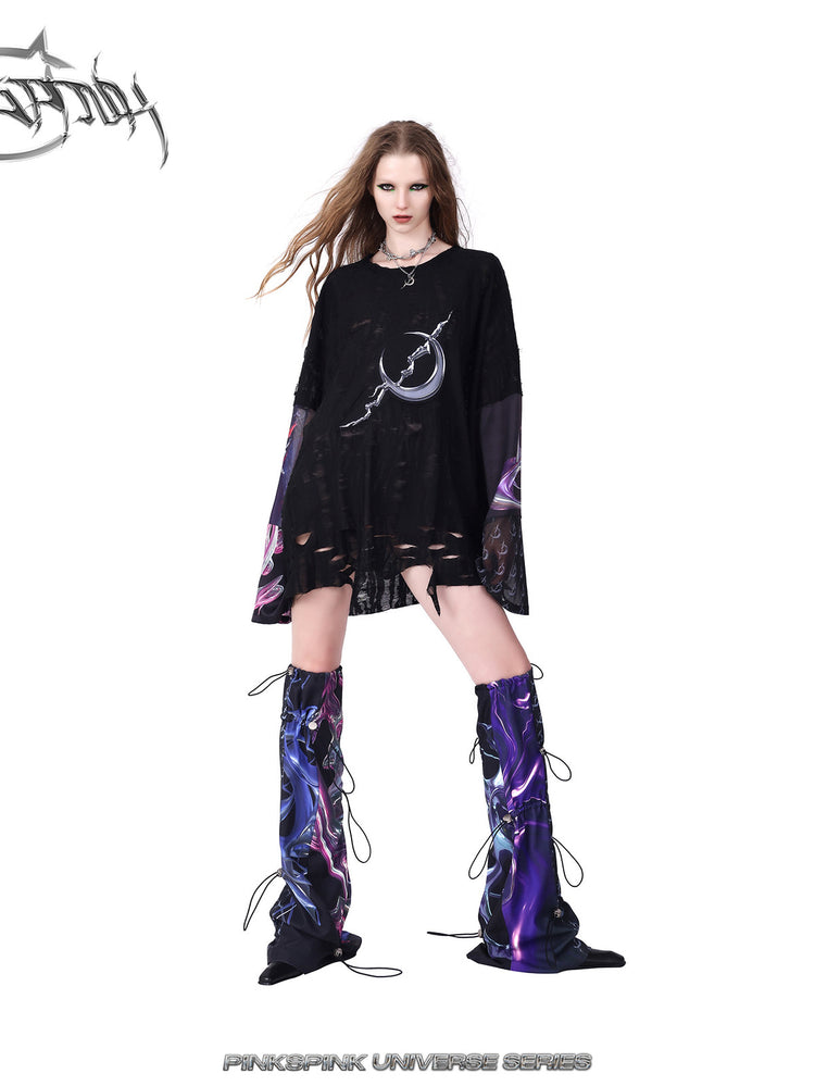 PINKSPINK COSMOS drawcord patchwork leg warmers in black purple multicolor — wide-stance modeled view styled with a black tee