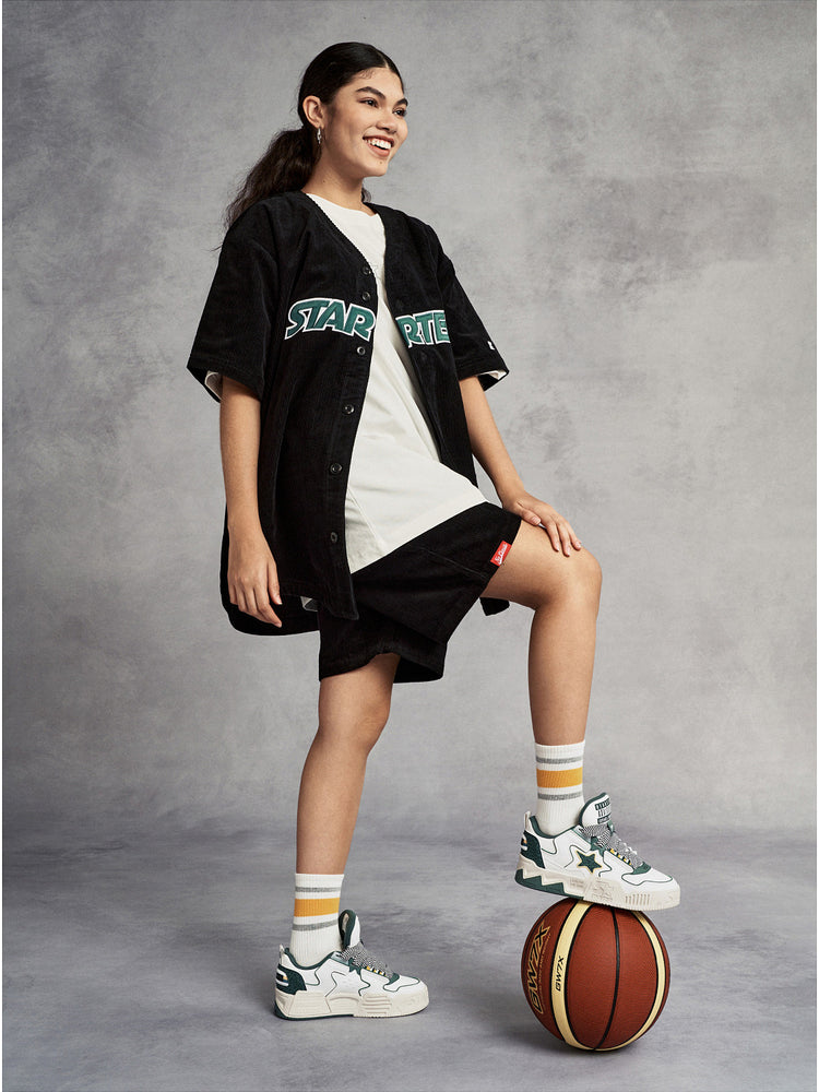 STARTER VOL-II White Green sneakers styled in a full-body studio look, showing their padded low-top silhouette and molded platform soles