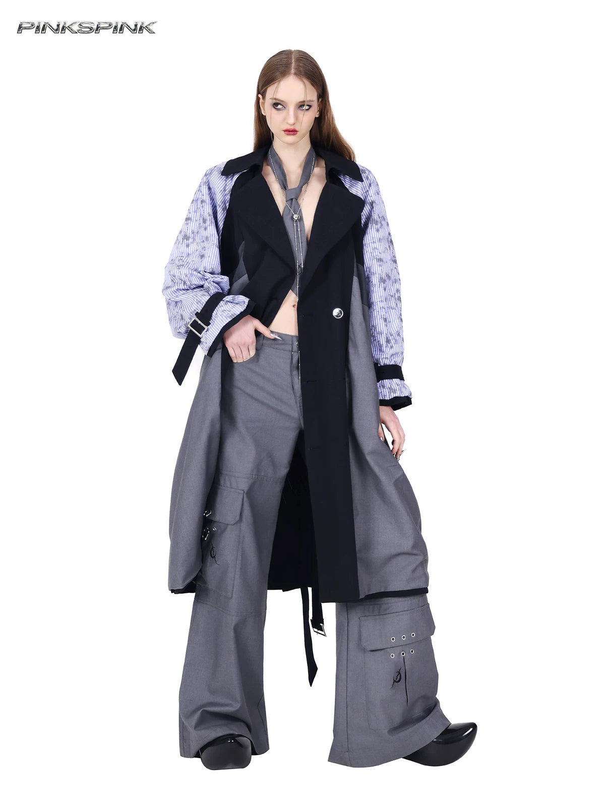 PINKSPINK ELECTRIC MOON ring-detail cargo flare trousers in gray — angled front view styled with a separate reversible trench coat
