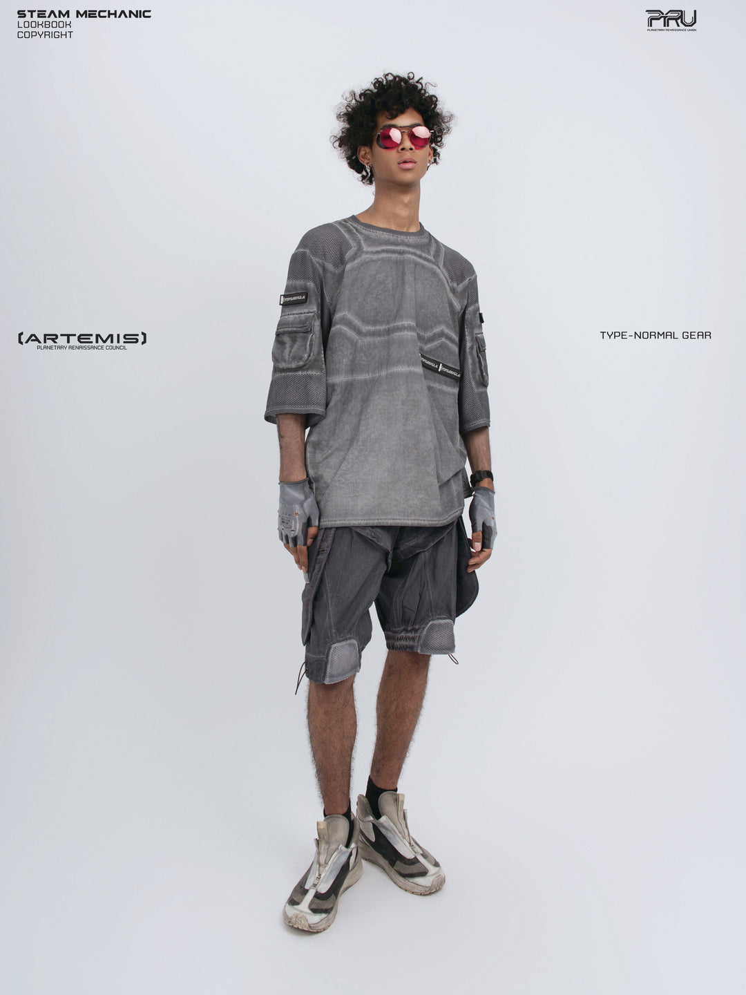 STARCORE moon dust gray velcro mesh tee — full-length front modeled view looking upward