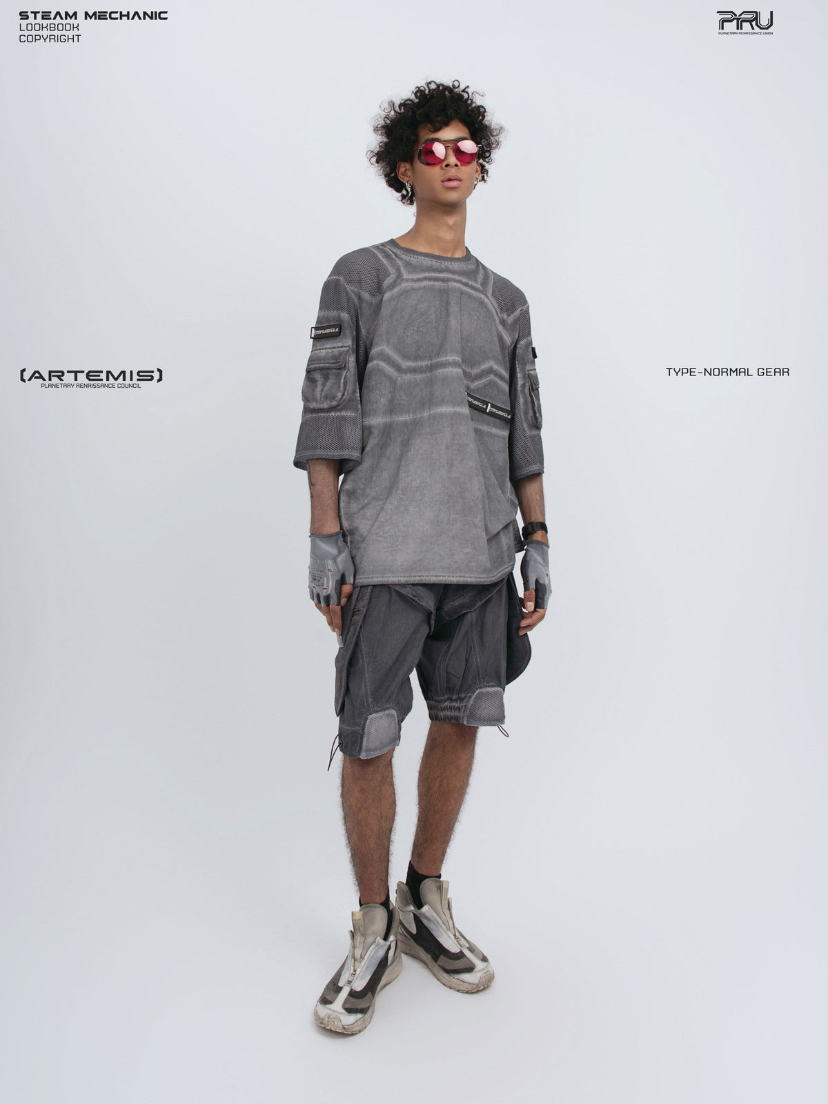 STARCORE moon dust gray velcro mesh tee — full-length front modeled view looking upward