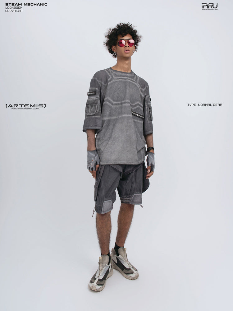 STARCORE moon dust gray velcro mesh tee — full-length front modeled view looking upward