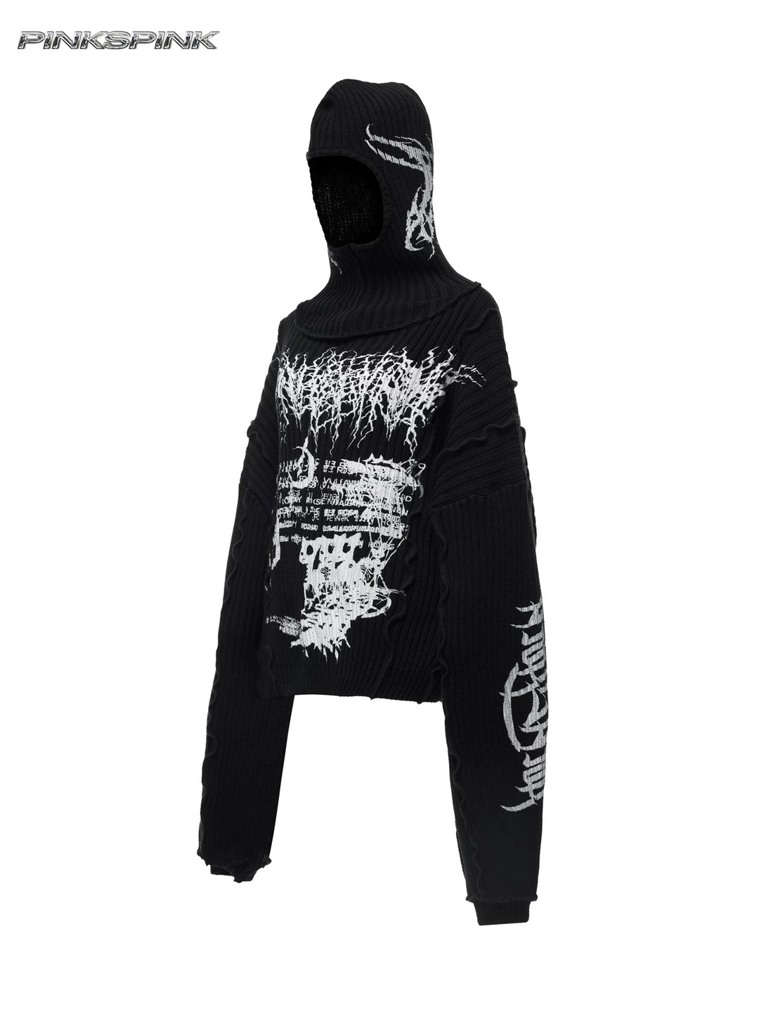 PINKSPINK THORN SIGNAL hooded graphic knit sweater — front garment-only view of pointed hood and long sleeves