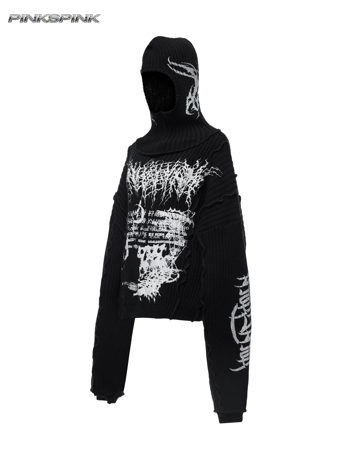 PINKSPINK THORN SIGNAL hooded graphic knit sweater — front garment-only view of pointed hood and long sleeves