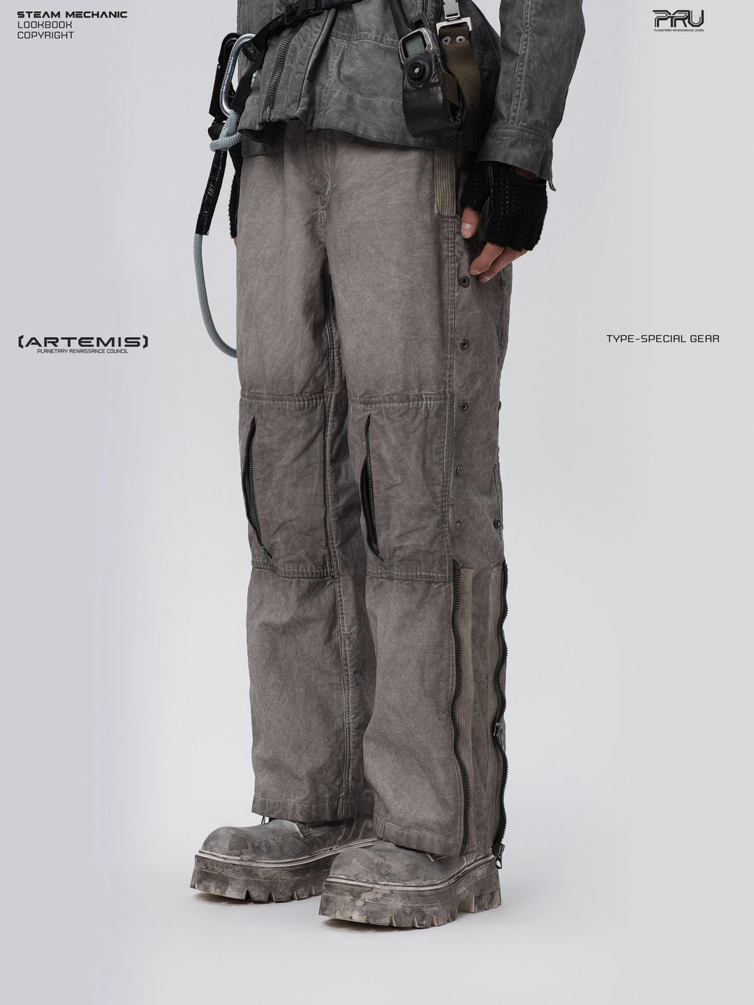 PIONEER meteor gray knee-mesh utility work pants — alternate modeled angle