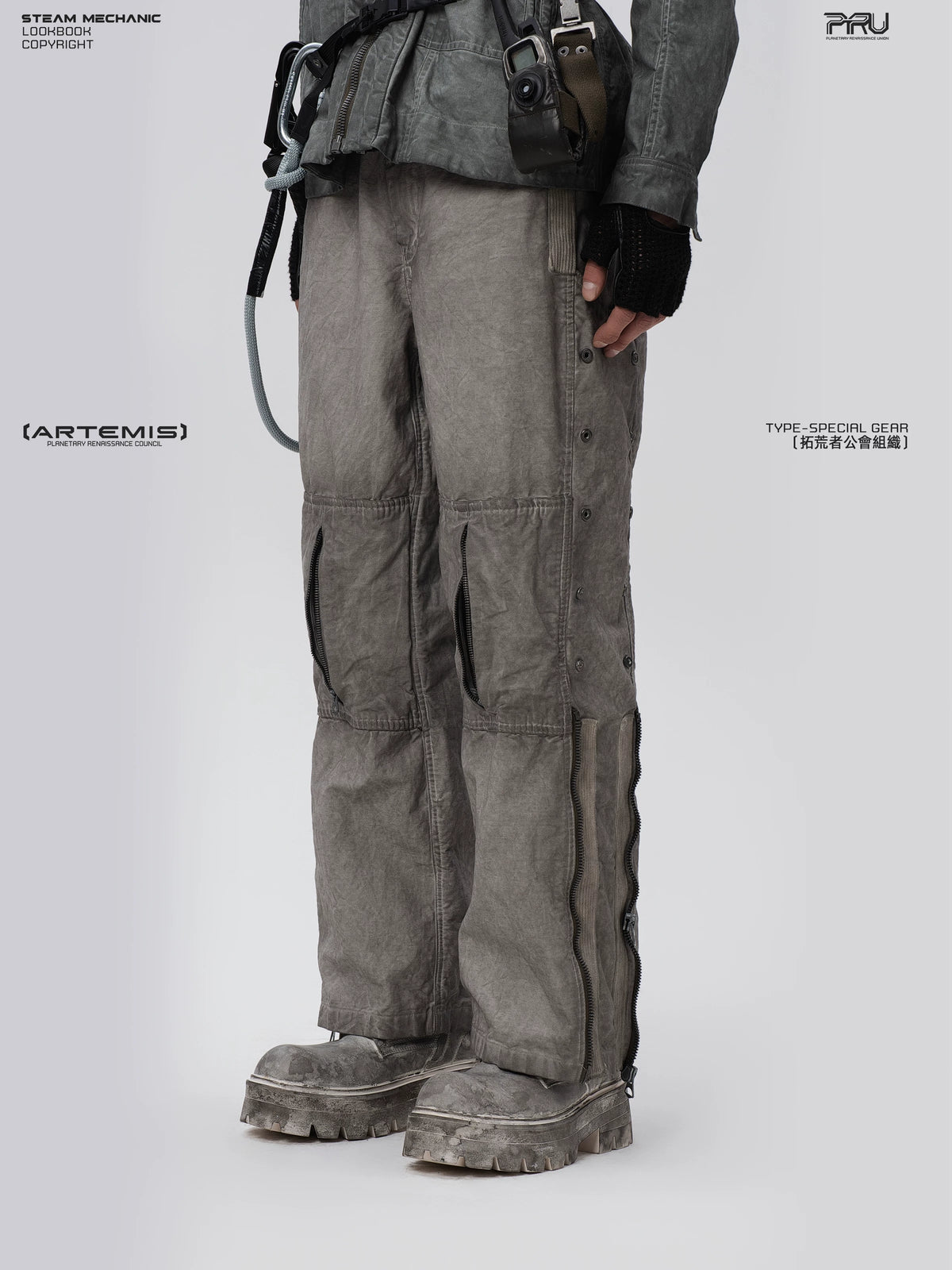 PIONEER meteor gray knee-mesh utility work pants — alternate modeled angle