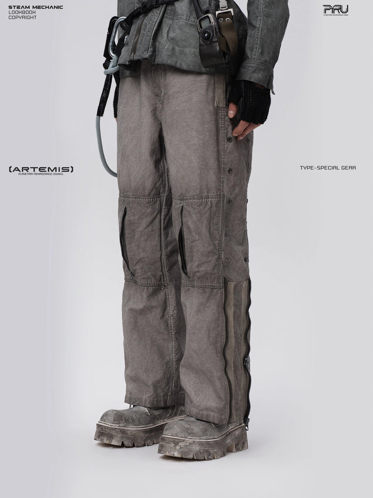 PIONEER meteor gray knee-mesh utility work pants — three-quarter modeled view showing outer-leg eyelets