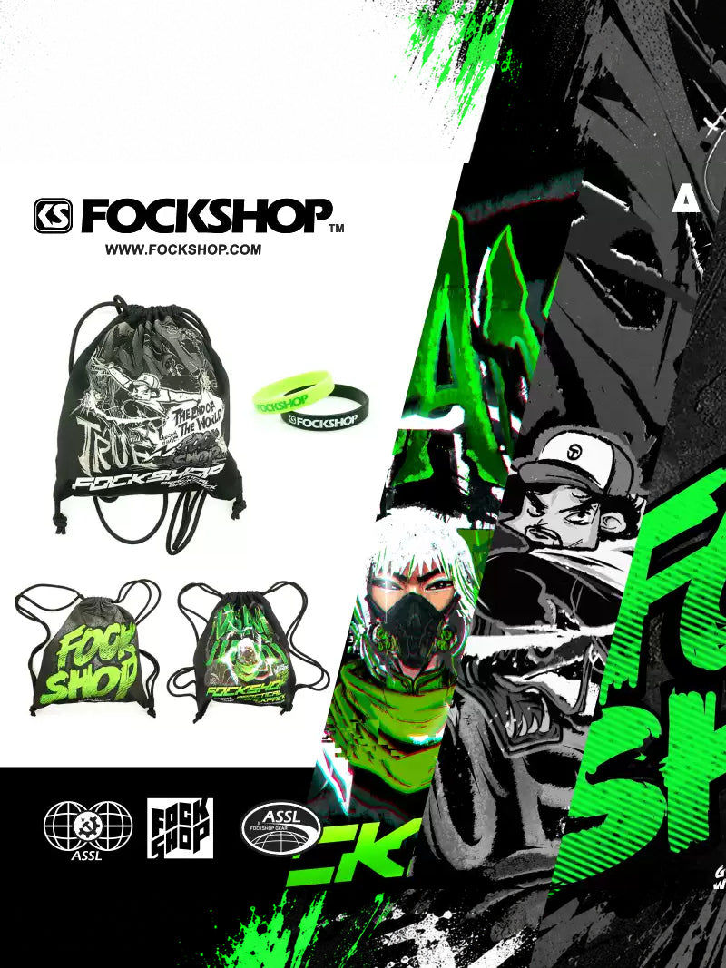 FOCKSHOP MASKPACK drawstring backpack — three graphic designs in the original branded gallery collage