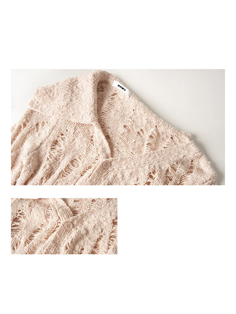 NAWS NOMAD asymmetric cutout knit cardigan — full-length modeled styling view